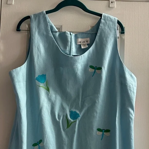 Vintage Scoop Neck Linen Blend Blue Sheath Midi Dress Sleeveless Tulips  XL - Picture 2 of 9